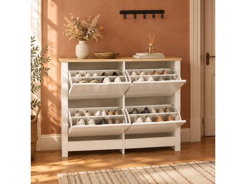  Meuble à chaussures étroit à 4 abattants, 105 x 26 x 80 cm, blanc et naturel  - Conforama B