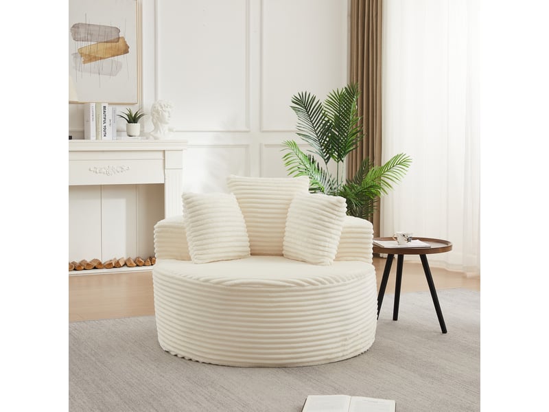  Canapé 1 place rond 110 cm en velours côtelé, fauteuil lounge avec 3 coussins, assise cocooning pour salon et chambre - beige  - Conforama B