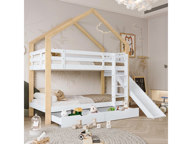Lit superposé 90 × 200 cm 2 places avec toboggan, 2 tiroirs et barrières, sans matelas, blanc et naturel - Conforama C