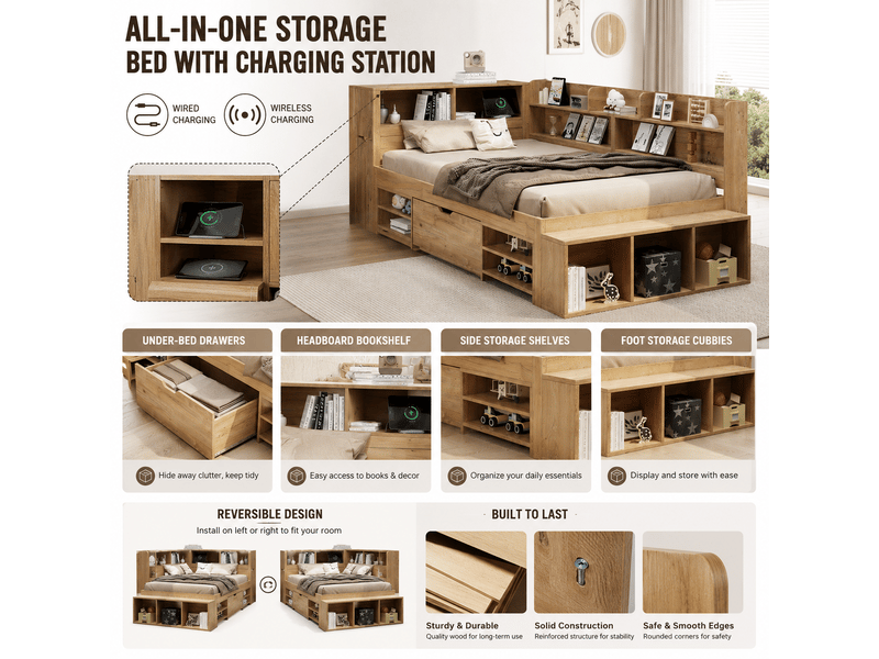  Lit enfant avec rangement 140 x 200 cm, chevet, tiroirs, étagères, armoire, charge sans fil, finition naturelle evarich - Conforama D