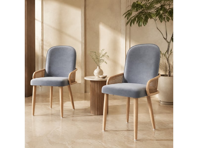  Chaise de salle à manger lot de 2 à dossier effet rotin  - pieds métal finition bois, velours gris  - Conforama C