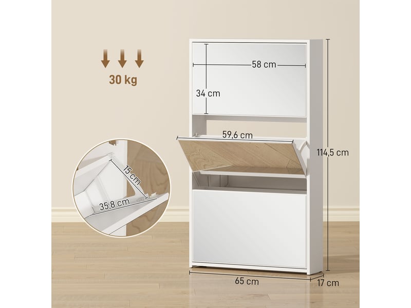  Meuble à chaussures d'entrée avec 3 portes et miroir, étagère à chaussures étroite pour 9 paires de chaussures, 65 x 17 x 114,5 cm, blanc  - Conforama D