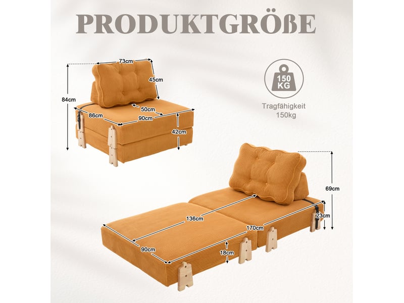  Fauteuil convertible modenvie 1 place pliable en velours côtelé orange, style nordique, 90 x 86 x 84 cm  - Conforama C