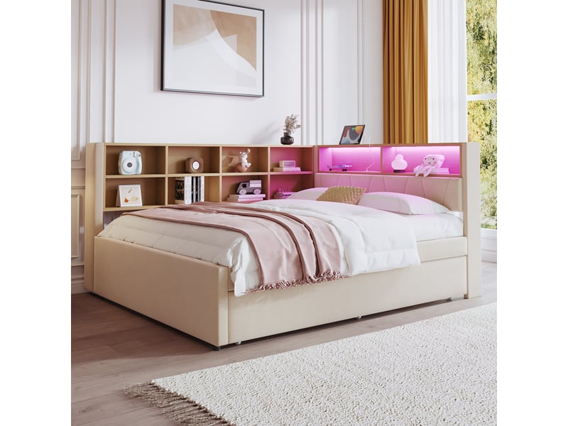  Canapé-lit simple 140x200 cm, lit gigogne 90x190, beige, équipé de lampes led et prises électriques et compartiments de rangement  - Conforama C