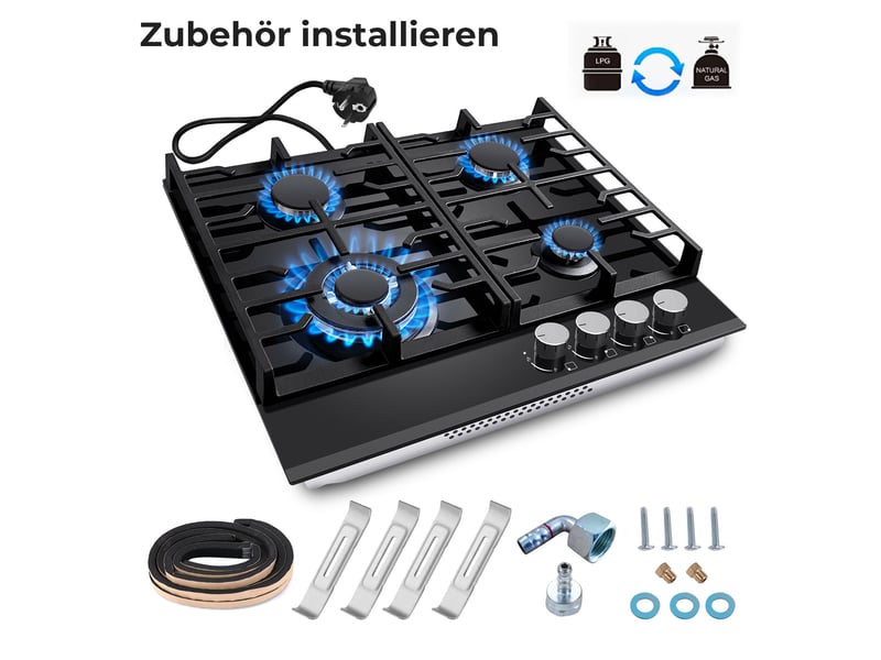  Plaque de cuisson gaz 4 feux, plaque gaz encastrable 60 cm en verre trempé noir, grilles en fonte, allumage électronique  - Conforama R
