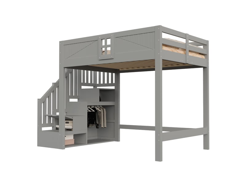 Lit mezzanine 140x200 cm, escalier avec rangement réversible, barrière fenêtre, espace inférieur modulable, bois massif gris Radiant Stride - Conforama A