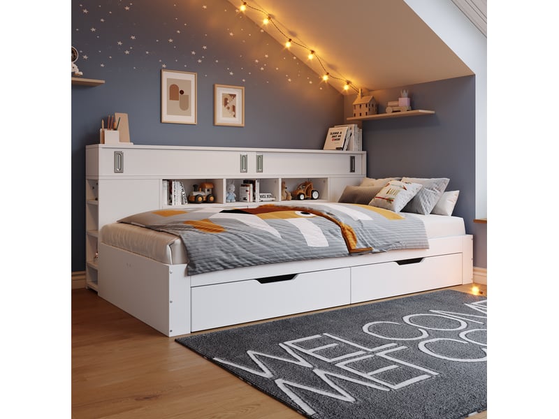  Modenvie lit banquette enfant 90x200 cm - avec tiroirs, bibliotheque et placard lateral, sans matelas - blanc  - Conforama B