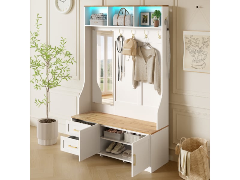  Porte-manteau d'entrée multifonction led avec miroir, crochets, tiroirs et assise – rangement chaussures  - Conforama E