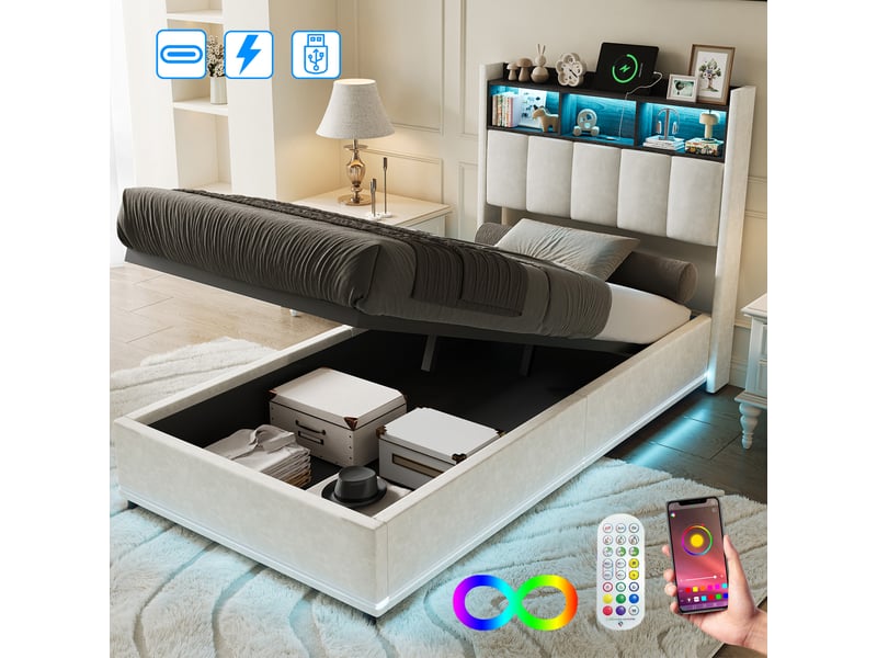  Lit coffre 90x200 cm avec led,usb et type-c, lit adulte avec sommier à lattes, lit simple moderne, blanc,velours  - Conforama B
