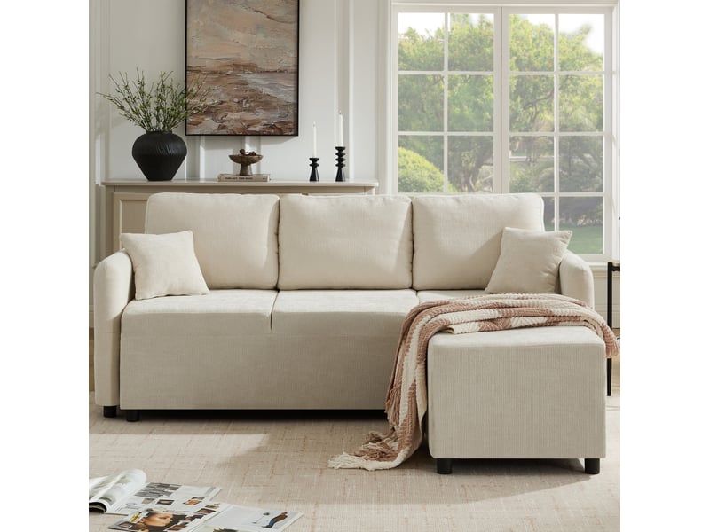  Canapé d'angle 3 places avec méridienne à droite, 2 coussins et assise en mousse, en chenille beige clair  - Conforama E