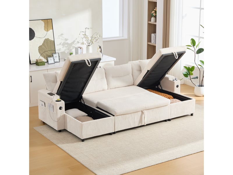 Canapé d'angle convertible 4 places en velours côtelé 272 x 136 cm avec double méridienne, rangement, porte-gobelets et usb-c - beige - Conforama E