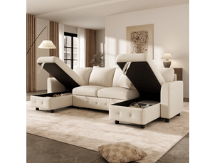 Canapé d'angle panoramique convertible MODENUIT   4 places Tissu beige avec coffre de rangement