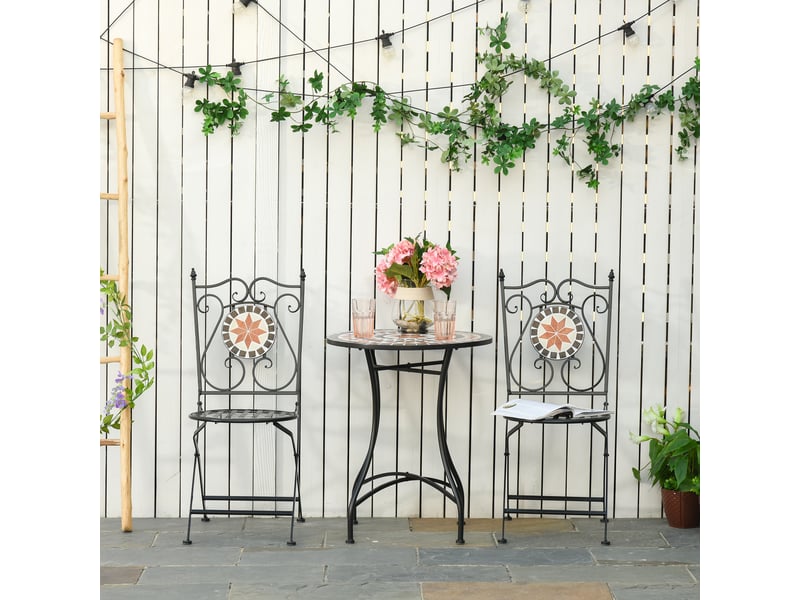 Ensemble de mobilier de jardin 3 pièces comprenant 2 chaises pliantes et 1 table basse, en métal et céramique. - Conforama D