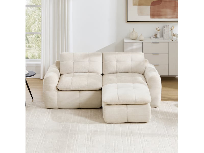  Canapé d’angle modulable 2 places modenvie avec repose-pieds, revêtement en chenille beige, 194 x 160 x 68 cm  - Conforama D
