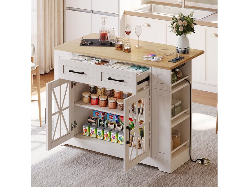  Îlot de cuisine mobile 120x40(65)x92 cm blanc et naturel avec table rabattable  - Conforama E
