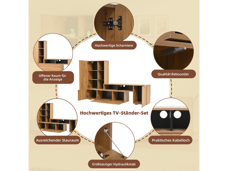  Ensemble tv 2 pièces bois et noir, extensible à 265 cm, tv 120 pouces, panneaux de particules, vitrine et rangements  - Conforama D