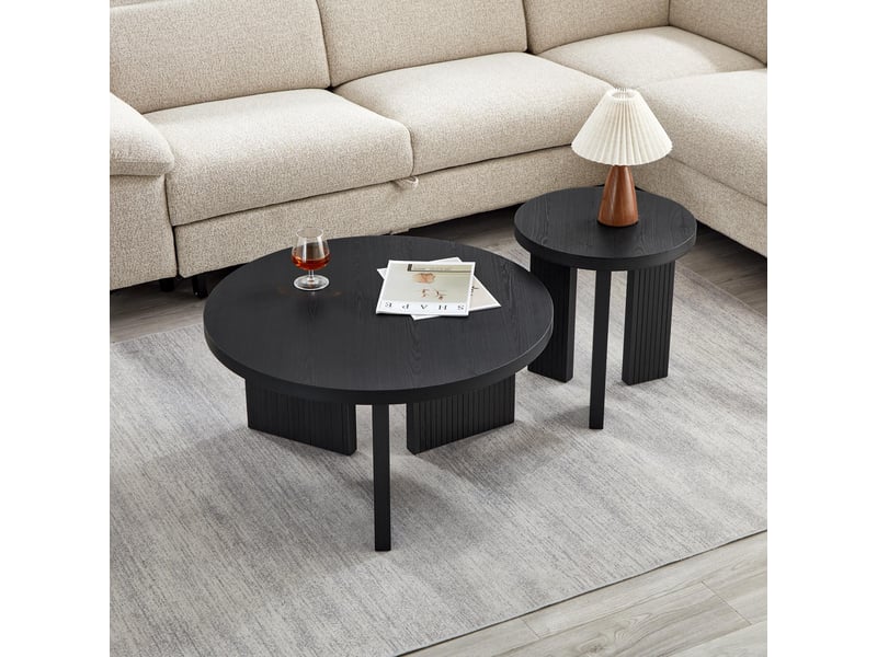  Tables basses rondes lot de 2 avec structure rainurée et plateau spacieux, style moderne, en mdf, noir  - Conforama C