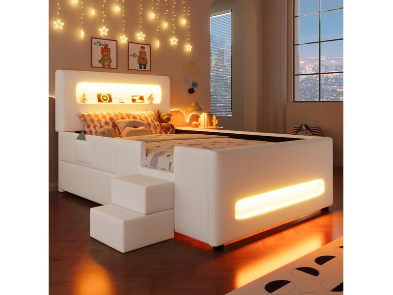 Lit enfant 90x200cm, style confort, bandeaux avec éclairage led, escaliers, tiroirs, espace de rangement, mdf, pu, blanc sans matelas - Conforama D