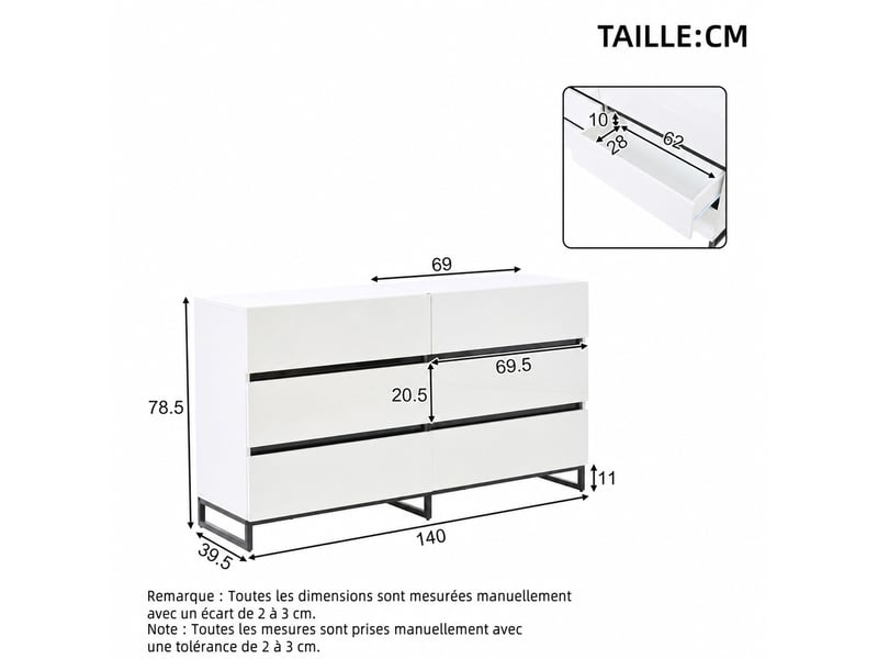  Buffet de salon 6 tiroirs – blanc et noir – 140 x 39,5 x 78,5 cm  - Conforama D