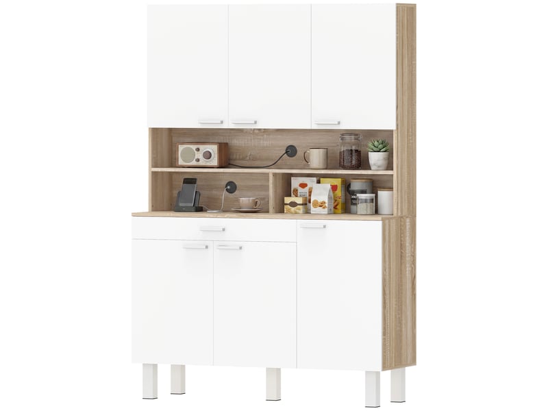  Buffet de cuisine haut 6 portes aosenyunzhou meuble de rangement vaisselier passe-câbles blanc et effet bois 120x40x175 cm T1005-01-12247 - Conforama C