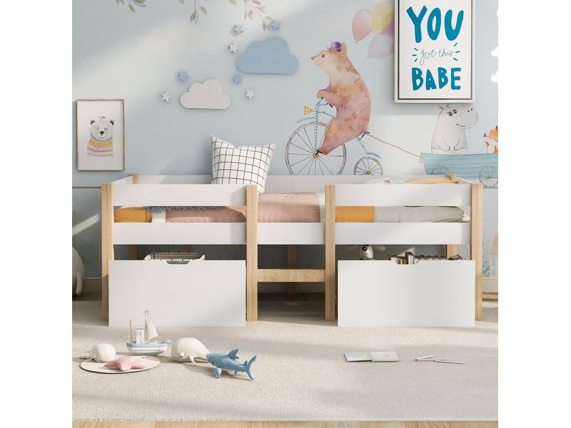  Lit enfant mi-hauteur 90x200 cm avec tiroir et protection anti-chute, bois de pin+mdf blanc &amp; chêne sans matelas  - Conforama E