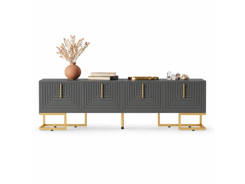  Meuble tv avec 4 portes, charnières amorties et pieds réglables, en panneaux de particules gris noir 170×40×45,5 cm  - Conforama A