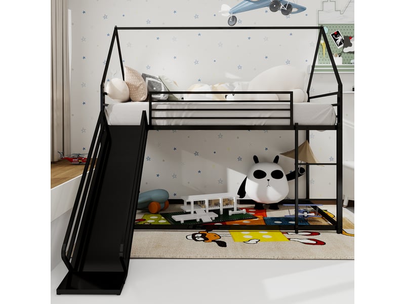  Lit superposé enfant 90x190cm - toboggan intégré - garde-corps 32cm - structure métal - noir  - Conforama B