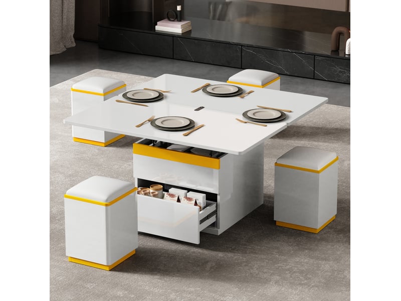  Table basse relevable et extensible 100 x 50 cm avec 4 tabourets, blanc et jaune  - Conforama D