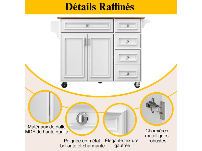 Îlot de cuisine multifonction 110x75x92 cm avec tablette pliante extensible et compartiments réglables, mdf, blanc - Conforama D