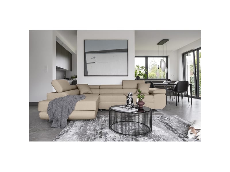 Canapé d'angle convertible menton beige velours – angle gauche avec coffre - Conforama D