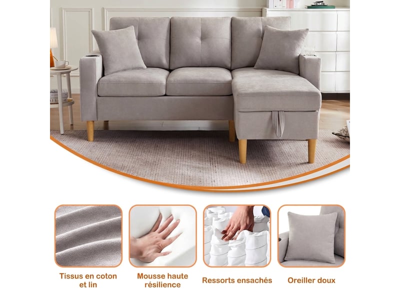  Canapé 3 places avec méridienne réversible - gris clair aspect lin avec coffre et porte-gobelets  - Conforama D