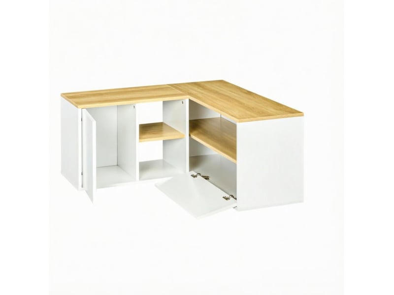  Meuble tv d’angle tcqpz 90 x 90 x 45 cm 5 espaces de rangement panneaux de particules blanc et bois clair  - Conforama A
