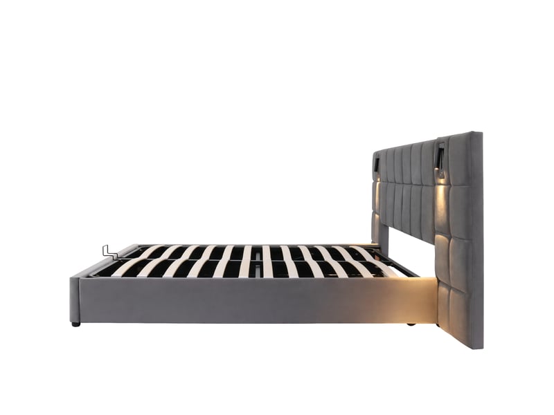  Lit capitonné, lit coffre hydraulique avec lampe orientable et port usb, tête de lit large et rembourrée de mousse, motif à damier, structure en acier, sans table de chevet, velours, 180 x 200 cm, gris  - Conforama E