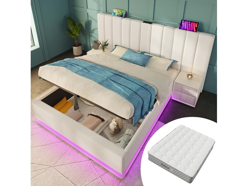  Lit coffre capitonné 180×200 cm avec led et ports usb, pu, blanc, avec matelas  - Conforama E