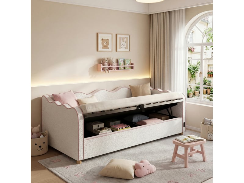  Lit banquette coffre 90x200 cm en bouclé beige lit enfant simple avec usb et type-c  - Conforama D