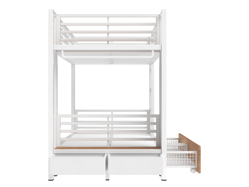 Lit superposé 90 x 200 cm blanc en métal et mdf, 4 tiroirs, rangement et led par application, sans matelas - Conforama D