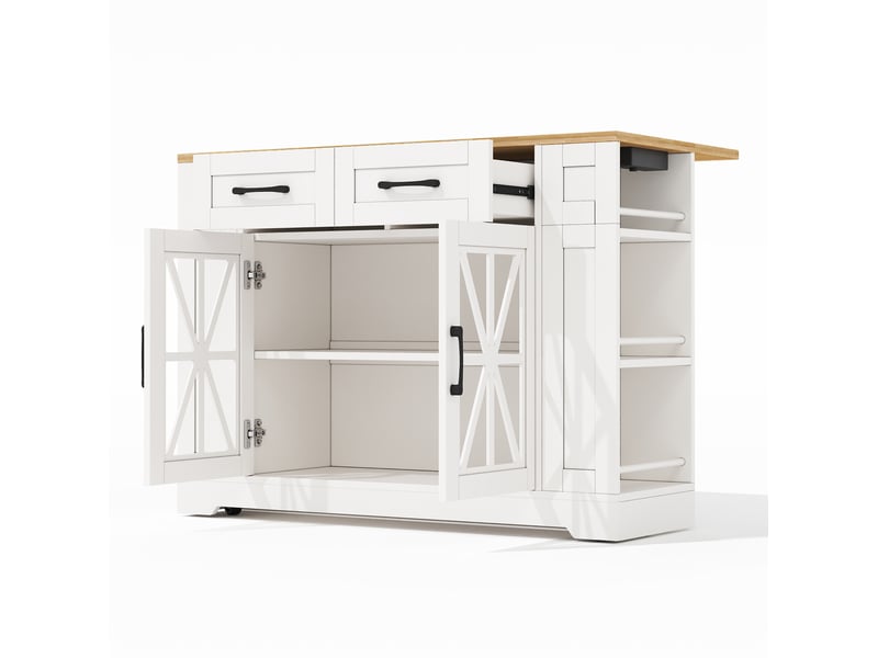 Desserte de cuisine 120 x 65 x 92 cm blanche et naturelle en mdf, tablette rabattable et prises intégrées - Conforama D