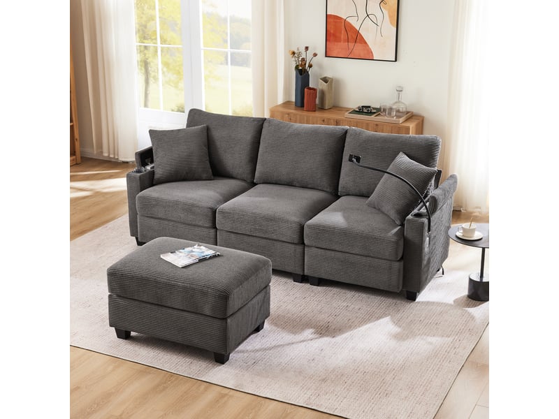  Canapé d’angle réversible 3 places 213,5x139 cm avec pouf, usb, porte-gobelet, rangements accoudoirs, 2 coussins - gris foncé  - Conforama C