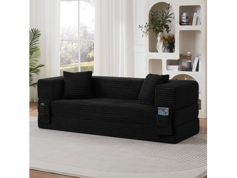  Canapé droit convertible 2 places 200 cm noir, velours côtelé, mousse haute densité, couchage double Fay Lum - Conforama B