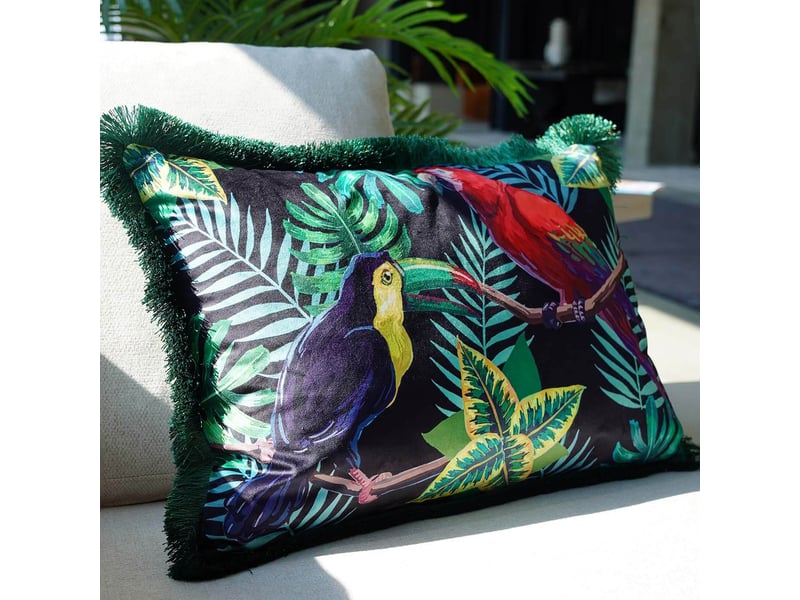  coussin à franges jungle oiseaux  - Conforama B