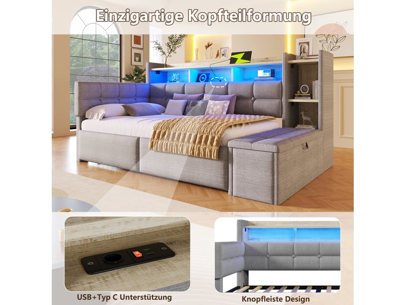  Lit enfant, 90 x 190 cm, avec 2 tiroirs, ports usb type-c, led multicolore, matelas non inclus, velours, coloris gris  - Conforama E