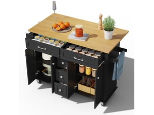 Desserte de cuisine 140 x 65 x 89 cm noir et naturel en mdf, plateau rabattable avec 5 tiroirs et 4 portes