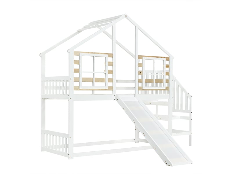 Lit superposé moderne 90x200 cm cabane avec escalier et toboggan, blanc, sans matelas - Conforama C