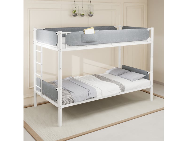  Lit superposé 90x190 cm séparable en 2 lits simples, barrières amovibles en lin, structure en fer blanc sans matelas  - Conforama B