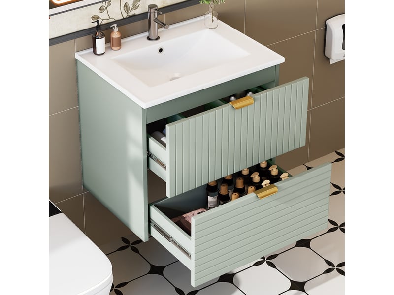  Meuble vasque mural 61x46x57 cm – vert menthe – 2 tiroirs silencieux et vasque intégrée, design moderne  - Conforama D