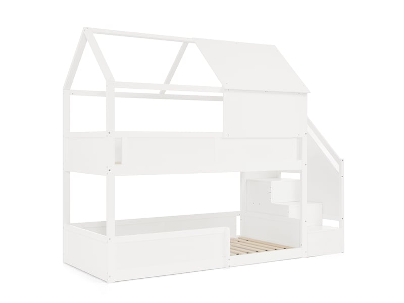  Lit superposé enfant 2 couchages 80×200 cm, barrière et escalier - okmyhome- bois massif blanc, sans matelas  - Conforama A