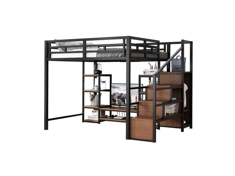  Lit mezzanine 2 places 200×140 cm avec support tv, prise et échelle de rangement - okmyhome- noir, sans matelas  - Conforama A