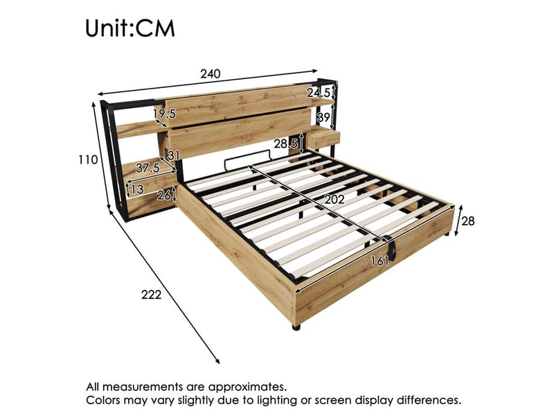 Lit double - truxen8 - 160x200cm - rangement hydraulique - ports usb & type-c - chêne 222x240x110cm - Conforama C