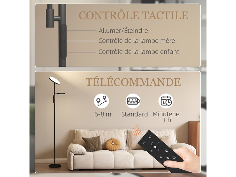  Lampadaire led 42w dimmable 2700k-6500k 4 couleurs variation continue, télécommande et contrôle tactile, 4 modes scène  - Conforama R