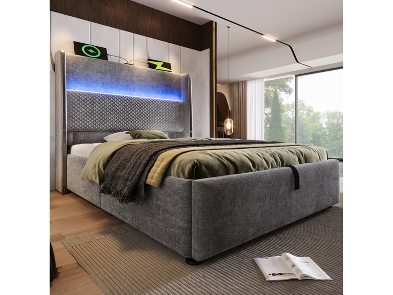  Modenvie lit coffre 90x200 cm - tête de lit haute, led, ports usb et type-c, matelas inclus - gris  - Conforama B